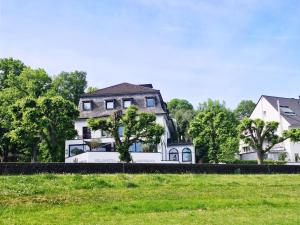 科隆的住宿－萊茵布里克別墅酒店，一座大白房子,位于树木林立的田野中