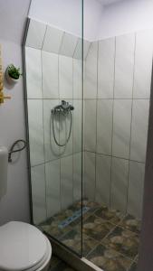 a bathroom with a glass shower with a toilet at Rosa&Vera in Ucea de Sus
