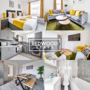 uma colagem de fotografias de um quarto de hotel em BRAND NEW, 2 Bed 1 Bath, Modern Town Center Apartment, FREE WiFi & Netflix By REDWOOD STAYS em Aldershot