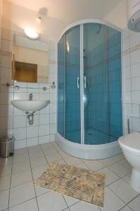 a bathroom with a glass shower and a sink at Vinný sklep Krýsa in Kostelec