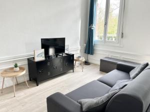 sala de estar con sofá y TV en Le Saint Pierre en Calais