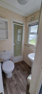a small bathroom with a toilet and a sink at Seaside View Holiday Home in Aberystwyth
