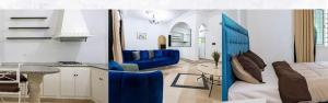a living room and a kitchen with a couch and a table at Hôtel Dar Mhana in Hammamet