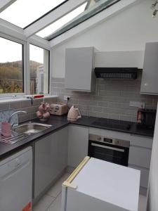 a white kitchen with a sink and a window at Clifden Glen Cottage in Clifden