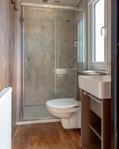 a bathroom with a shower and a toilet and a sink at Mobilheim Kaperfahrt in Großenbrode +3 photos