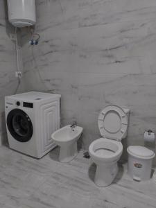 a bathroom with a toilet and a washing machine at Alis Apartaments in Himare