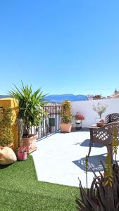 a patio with potted plants and a view of the water at Los Caňos II - Parking opcional in Jaén