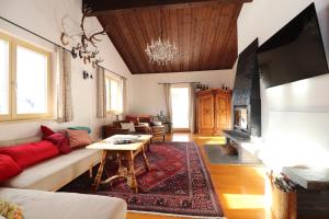 uma sala de estar com um sofá e uma lareira em Haus Haemmerle mit Ski in - Ski out em Damüls