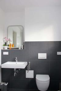 a bathroom with a sink and a toilet and a mirror at Fewo-Exklusiv "Seeblick" in Großräschen