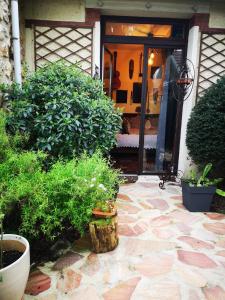 een huis met een patio met planten en een deuropening bij Villa le Cloky in Thomery