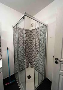 La salle de bains est pourvue d'une douche avec une porte en verre. dans l'établissement Elegant apartment Paris Bagnolet 303, à Bagnolet