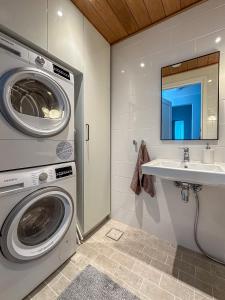 a bathroom with a washing machine and a sink at Hanko Kuningatarranta Apartment in Hanko