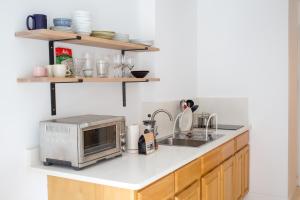 eine Küchentheke mit Mikrowelle und Spüle in der Unterkunft Garden Guest Suite in Brooklyn