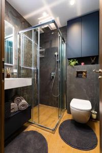 uma casa de banho com uma cabina de duche em vidro e um WC. em Central Victoria Home 2-bedroom apt em Plovdiv