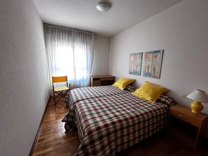 um quarto com uma cama com um cobertor xadrez e uma janela em Piso acogedor y luminoso cerca de hospitales em Pamplona
