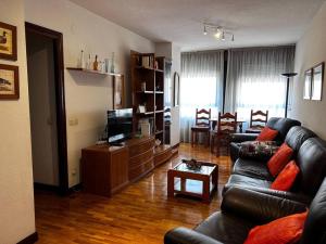 uma sala de estar com um sofá de couro e uma televisão em Piso acogedor y luminoso cerca de hospitales em Pamplona