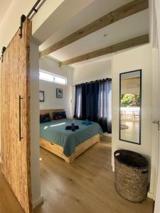 a bedroom with a bed and a large mirror at Tree House by the Ocean in Kommetjie