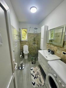 a bathroom with a sink and a washing machine at Mountain Oasis in Valbonë