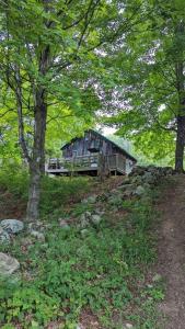 an old barn sitting on a hill with trees at Pond View Cabin cabin in Chittenden