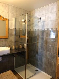 a shower with a glass door in a bathroom at location studio de 2 - 4 personnes in Hautecour