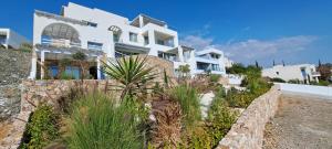una gran casa blanca con plantas delante en Villa Kyklamino - Unique Villa with stunning Seaview, en Klorakas