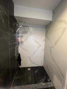 a bathroom with a shower with a tiled wall at شقه فندقيه - هلنان بورفؤاد in Port Said