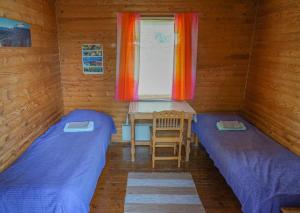 2 Betten in einem Zimmer mit einem Tisch und einem Fenster in der Unterkunft Muotkan Ruoktu Tunturikyla in Inari