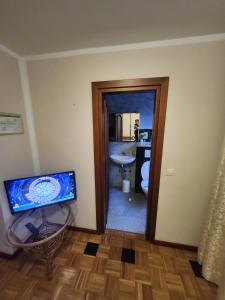 a bathroom with a toilet and a tv in a room at Pension Einzelzimmer mit extra bad Zimmer 15 in Nuremberg