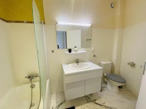 uma casa de banho com um lavatório, um WC e um espelho. em Le Soulicou em Rodez