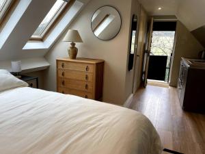 a bedroom with a bed and a dresser and a mirror at Little studio annexe in Marlow