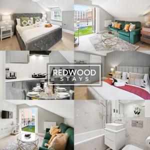 a collage of photos of a bedroom and a living room at Top Quality 2 Bed 1 Bath Apartments For Contractors By REDWOOD STAYS in Reading