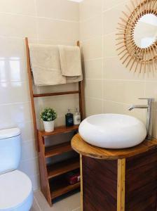 a bathroom with a sink and a toilet and a mirror at Kingfisher- Principe in Santo António