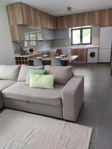 sala de estar con sofá y cocina en Casa da Esteva - Vila de Rei, en Vila de Rei