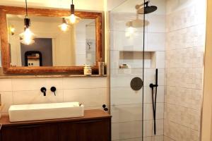 een badkamer met een douche, een wastafel en een spiegel bij Appt Althea avec Jardin privé proche lagon - La Saline-les-bains in Saint-Paul