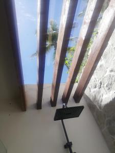 a treadmill in front of a window with a palm tree at Bungalow nel verde in El Limón