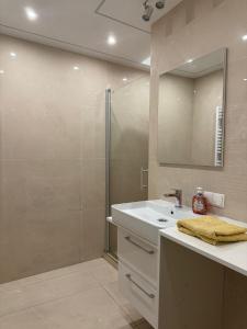 a bathroom with a sink and a shower at Prater City Hostel in Vienna