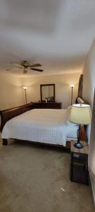 - une chambre avec un lit et un ventilateur de plafond dans l'établissement Newport News Treasure, à Newport News
