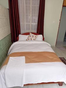 a large bed in a room with red curtains at Sislink Suites in Nairobi