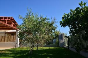 a yard with a fence and a tree at Tolles Ferienhaus in Arbatax mit Garten und Grill in Àrbatax