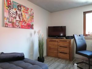 a living room with a tv and a chair at Ferienwohnung Dreams in Hasselfelde