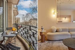 uma sala de estar com um sofá e uma varanda em Apartment Arc de Triomphe/ Champs Elysée by Studioprestige em Paris