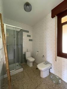 La salle de bains est pourvue de toilettes, d'une douche et d'un lavabo. dans l'établissement CHALET A BARROSA - PONTEDEUME, à Pontedeume