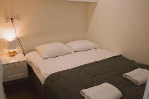 een kleine slaapkamer met een bed met 2 kussens bij Apartament No.53 in Toruń