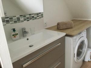 a bathroom with a sink and a washing machine at Le Gîte des Fèves in Lecelles +6 photos