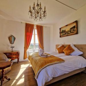 a bedroom with a large bed and a chandelier at Château des Aulnes 