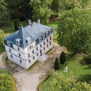 an aerial view of a large white house with a blue roof at Château des Aulnes 