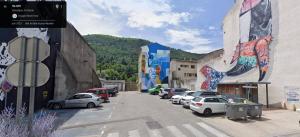 een straat met geparkeerde auto's en schilderijen aan de zijkant van gebouwen bij La Maison TILIA in Bessèges