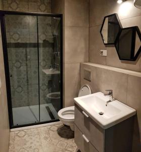 bagno con doccia, lavandino e servizi igienici di Wohnung in Stegna mit Garten a Stegna