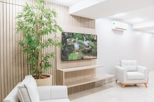 a living room with a tv and a chair at Hotel Place Jardin in Garanhuns