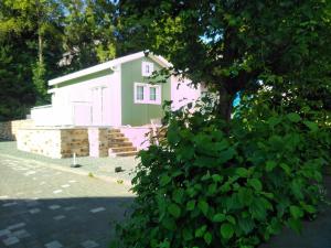 una pequeña casa rosa y verde con un árbol en Ferienhaus in Bad Marienberg Westerwald mit Terrasse und Grill, en Bad Marienberg